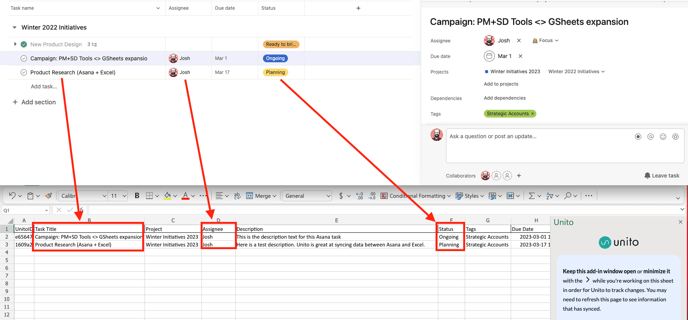 Asana Excel synced task to rows