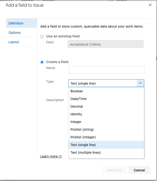 Creating a custom field in Azure DevOps