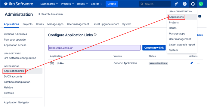 Jira Server Application Link Step 1