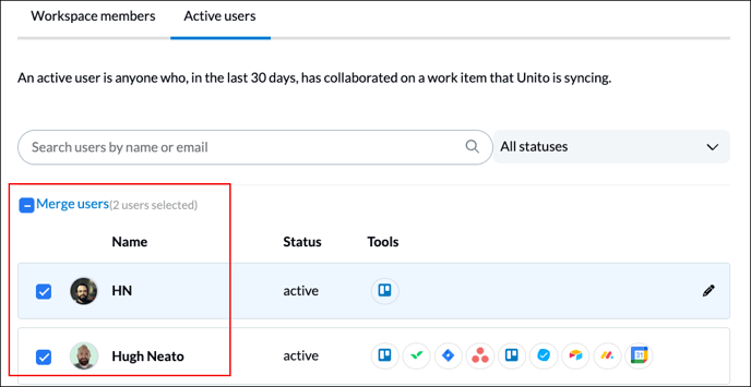 A screenshot of the Unito dashboard merging users