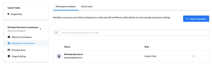 Workspace members screen