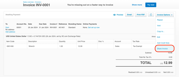 Xero Invoice