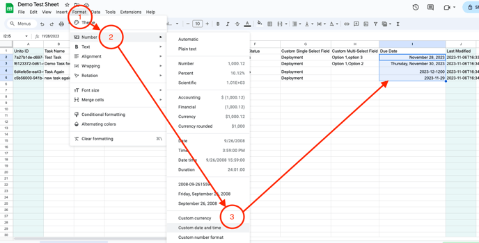 Screenshot of setting the date time format in Google Sheets for a Unito sync